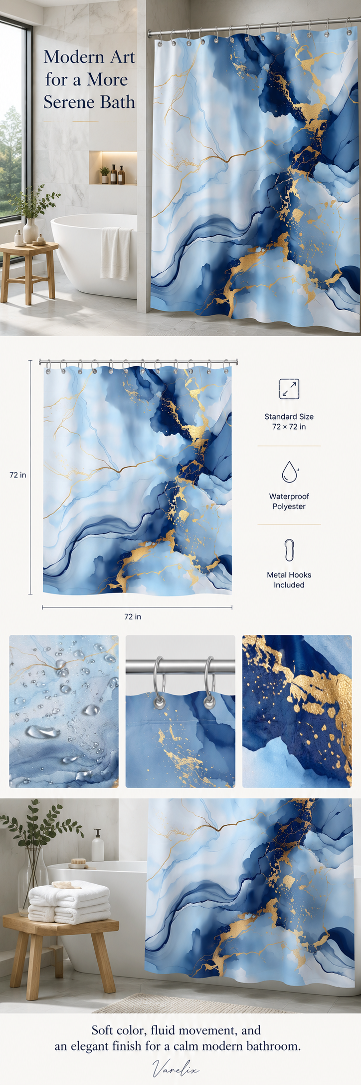 Luxurious blue and gold alcohol ink marble art shower curtain hanging in a bright, modern minimalist bathroom.