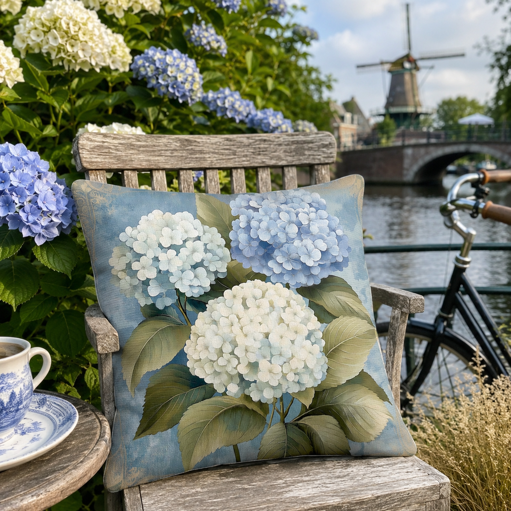 Blue hydrangea pillow cover on a wooden chair beside a Dutch canal.