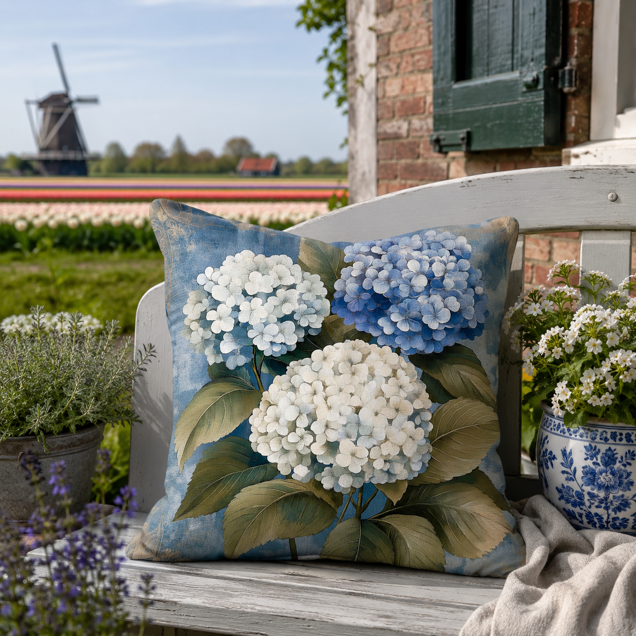 Blue hydrangea pillow cover on a garden bench near Dutch tulip fields.