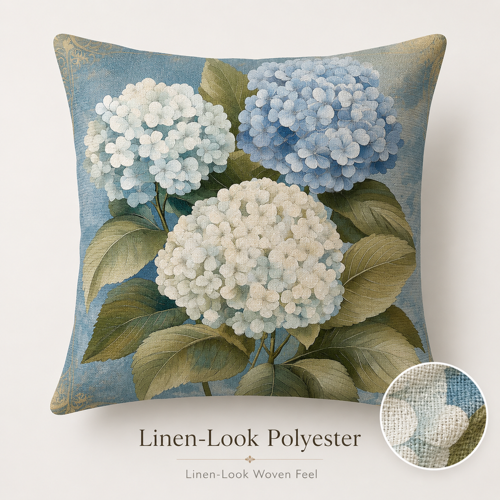 Blue hydrangea pillow cover with linen-look woven texture.