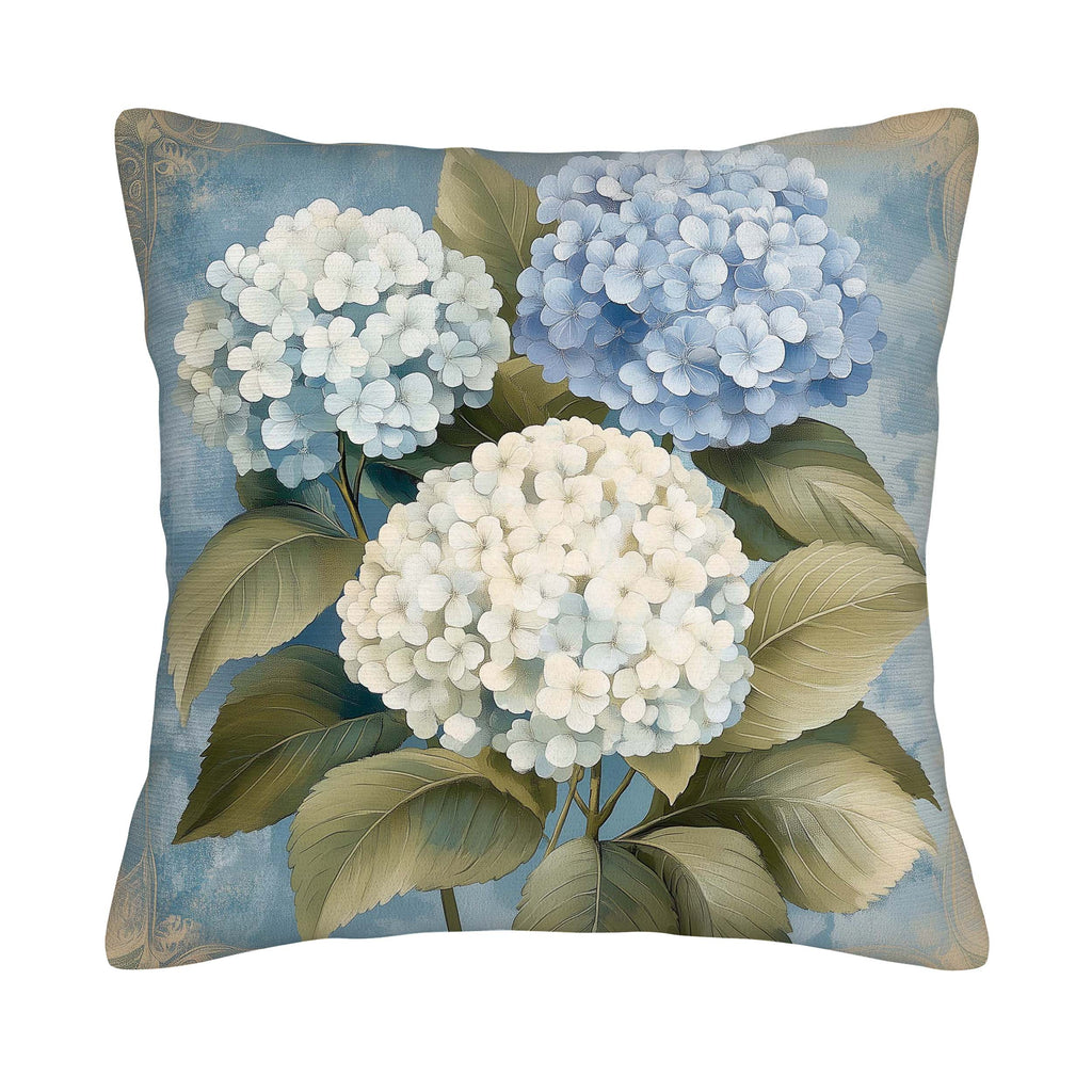 Blue and white hydrangea pillow cover on a clean white background.