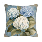 Blue and white hydrangea pillow cover on a clean white background.
