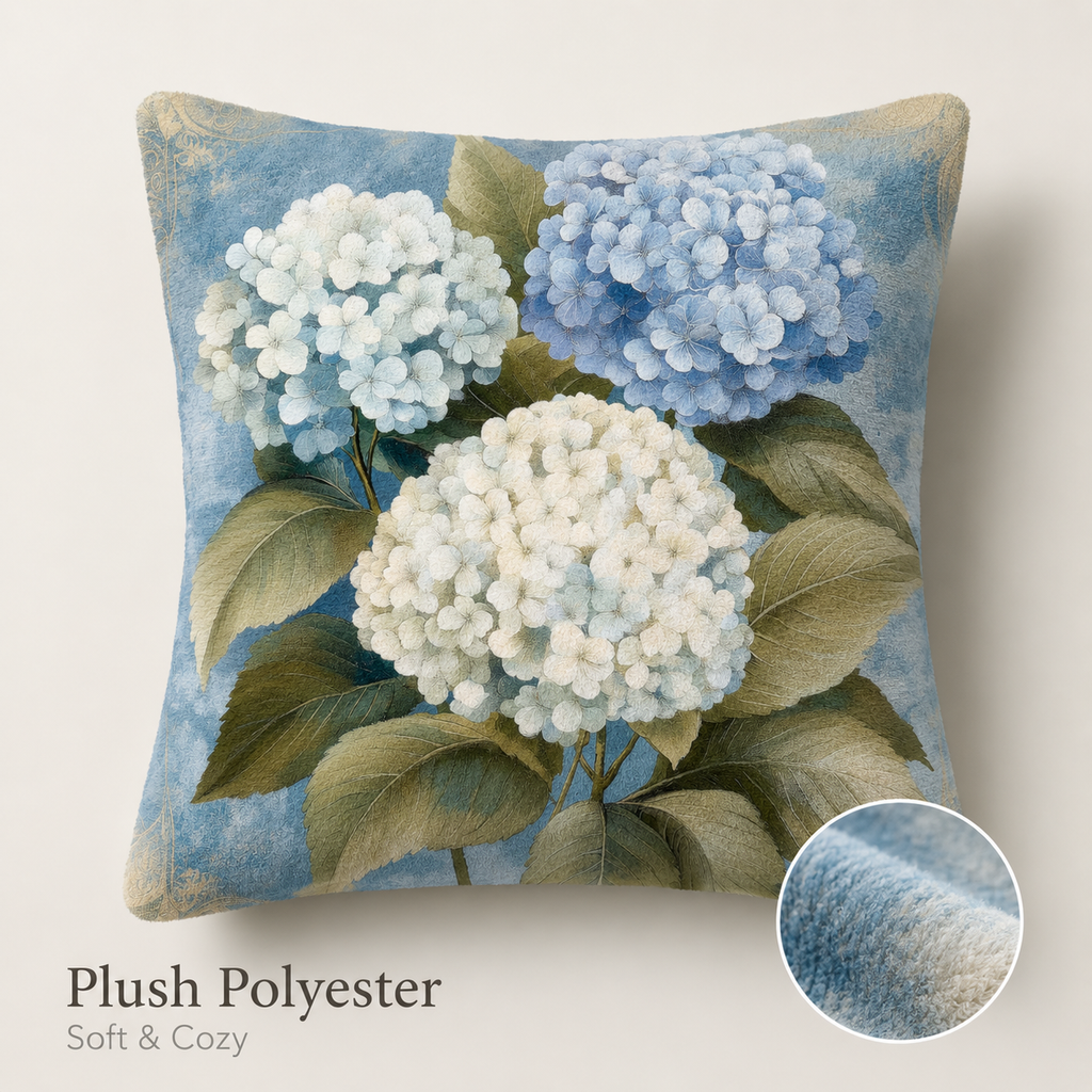 Blue hydrangea pillow cover with plush polyester texture detail.