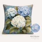 Blue hydrangea pillow cover with clean polyester texture detail.