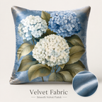 Blue hydrangea pillow cover with smooth velvet fabric finish.