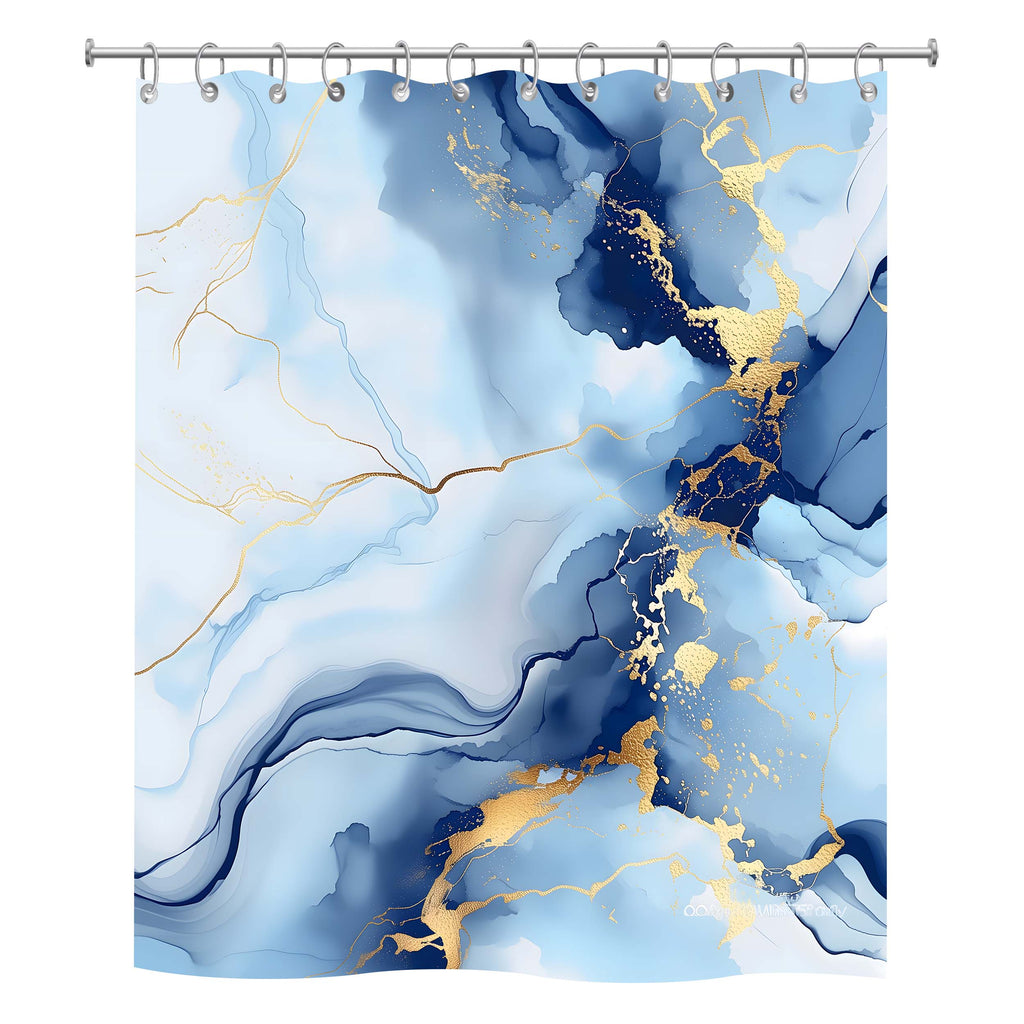 Front view of a white fabric shower curtain with an elegant blue and gold marble fluid art print and metal rings.