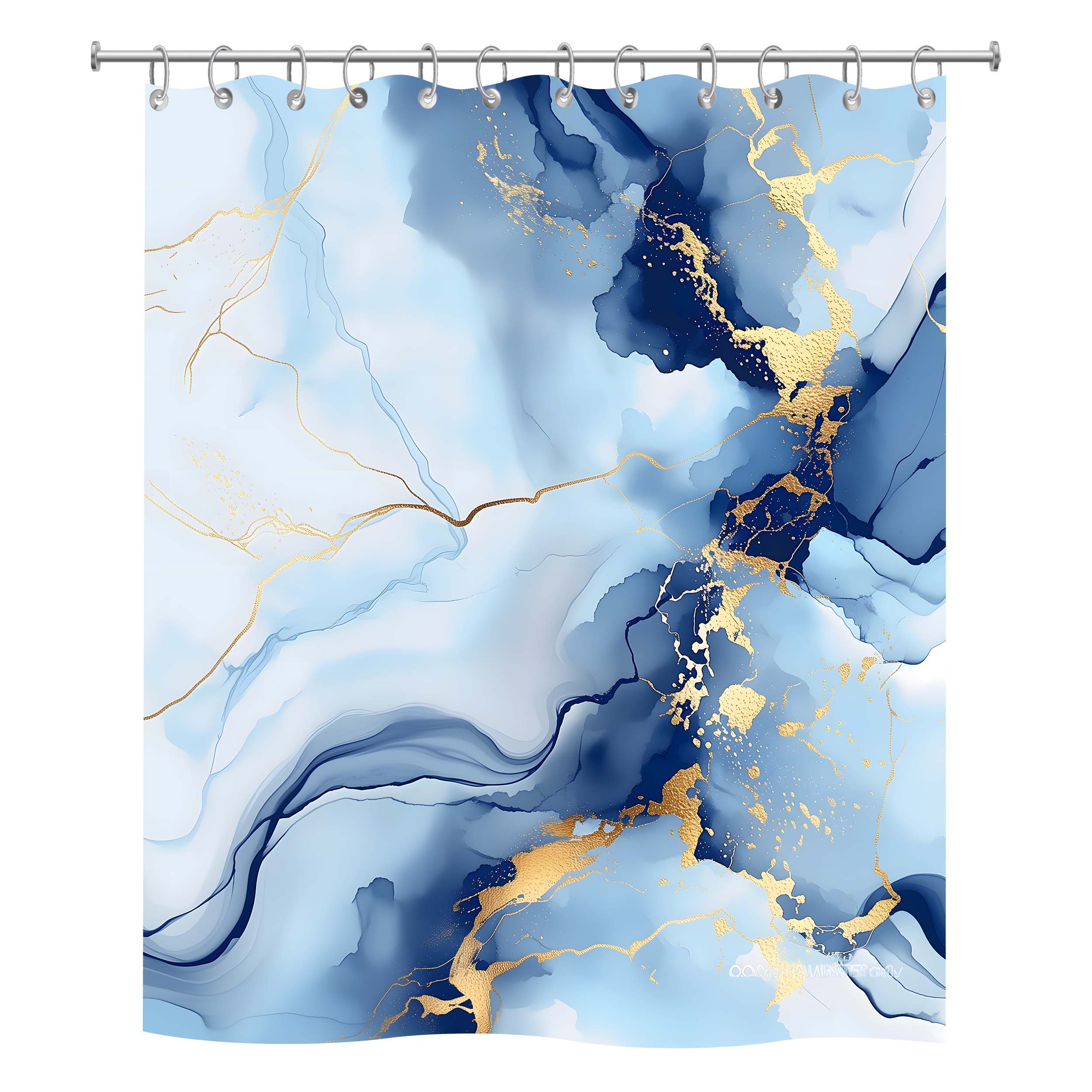 Front view of a white fabric shower curtain with an elegant blue and gold marble fluid art print and metal rings.