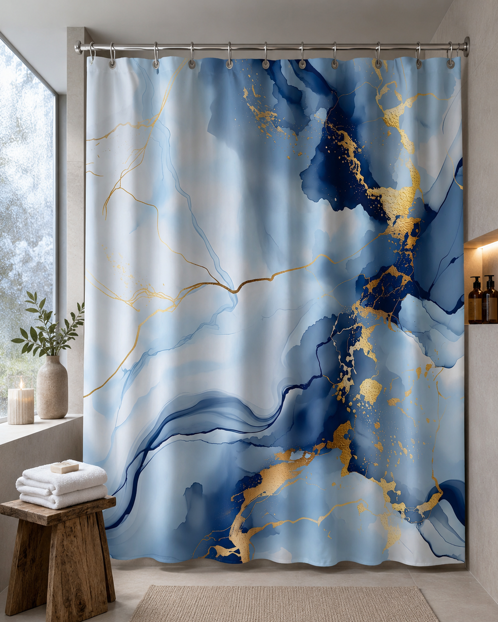 Elegant blue and gold abstract shower curtain hanging near a wooden bench with spa accessories in a serene bathroom.