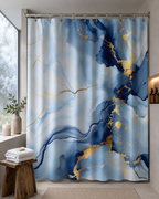 Elegant blue and gold abstract shower curtain hanging near a wooden bench with spa accessories in a serene bathroom.