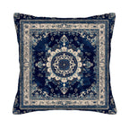 Blue medallion pillow cover with distressed vintage ornamental pattern.
