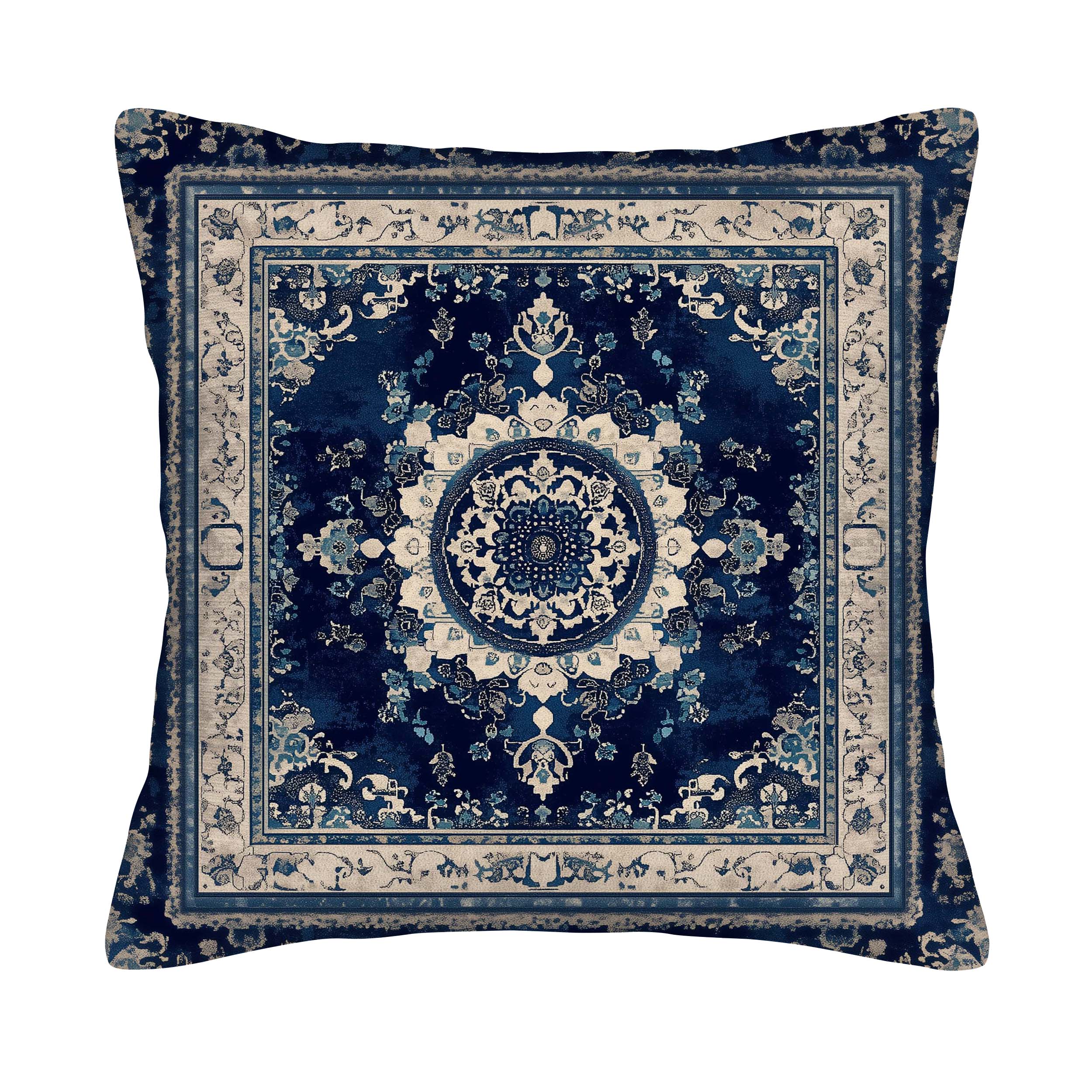 Blue medallion pillow cover with distressed vintage ornamental pattern.