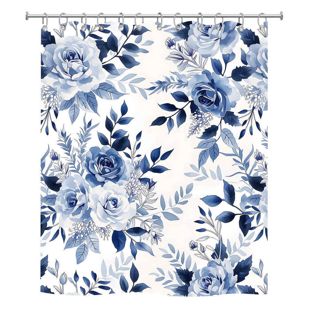 Front view of a white fabric shower curtain with a classic blue and white rose floral print, hanging from silver metal rings.