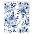 Front view of a white fabric shower curtain with a classic blue and white rose floral print, hanging from silver metal rings.