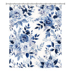 Front view of a white fabric shower curtain with a classic blue and white rose floral print, hanging from silver metal rings.
