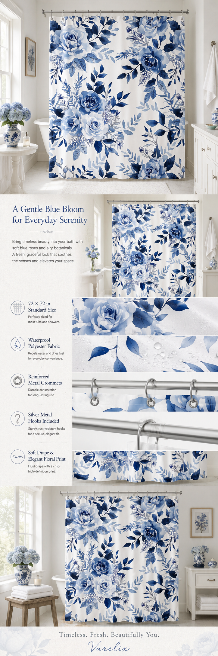 Detailed infographic for a blue rose shower curtain, showcasing fabric quality, waterproof properties, metal grommets, and hooks in a styled bathroom.
