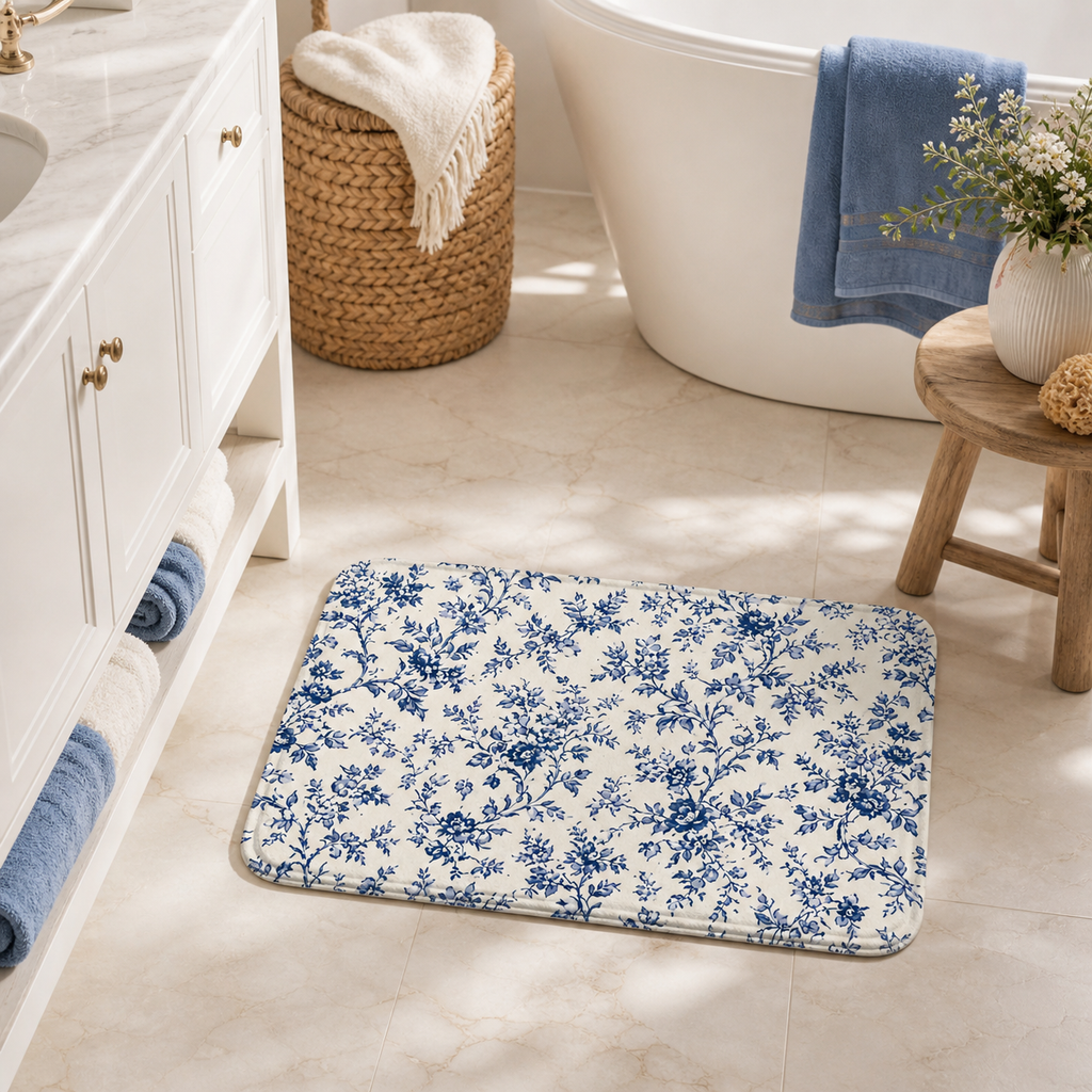 Blue toile floral floor mat placed in a bright bathroom.