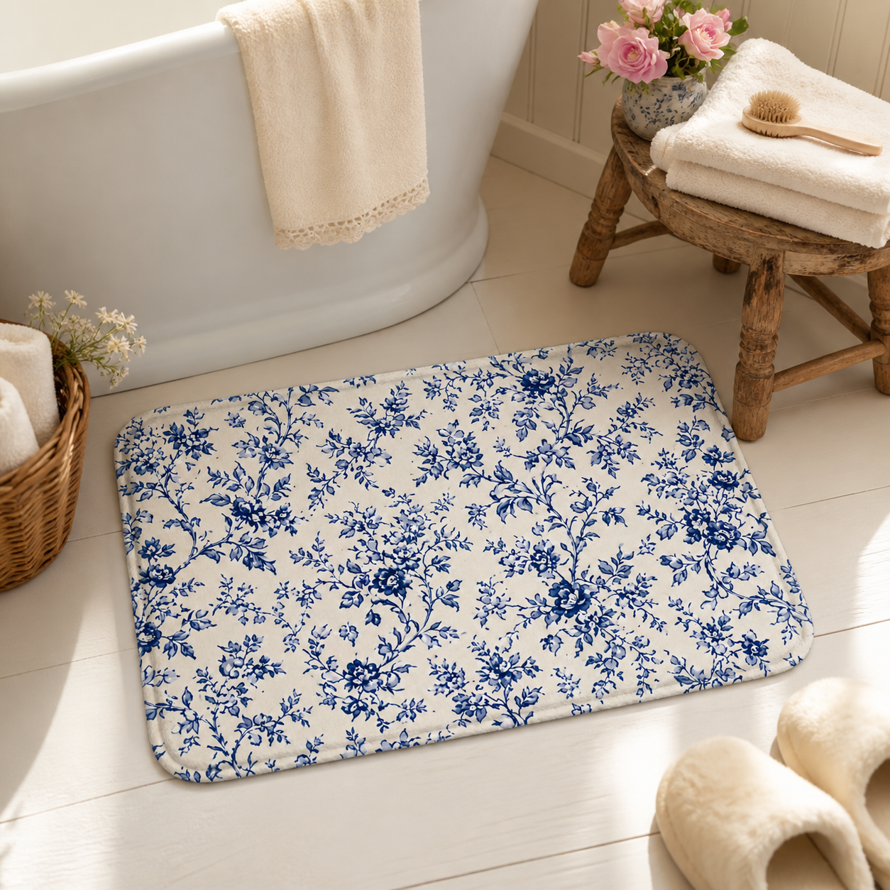 Blue toile floral floor mat beside a cozy bathtub.