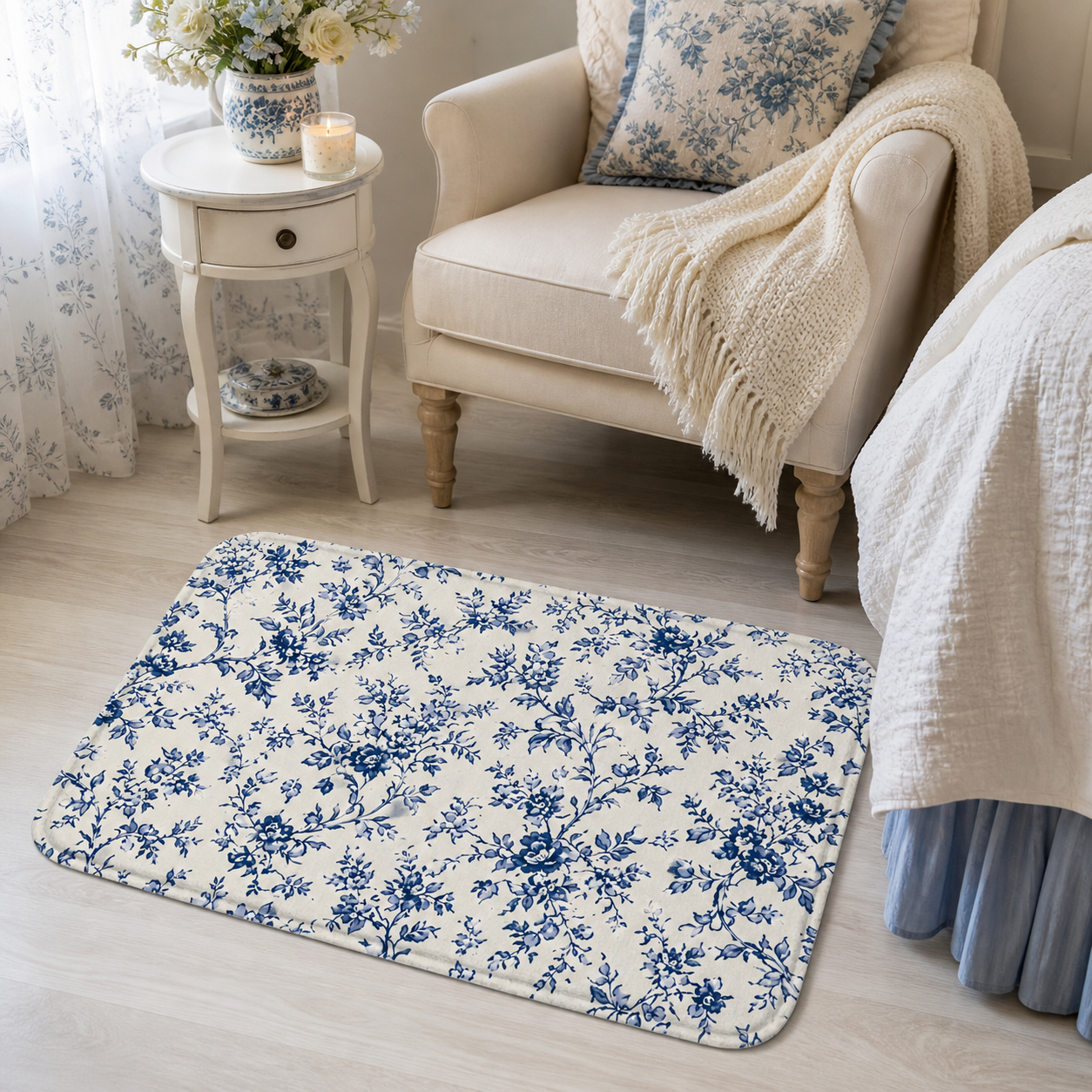 Blue toile floral floor mat styled beside a bedroom chair.