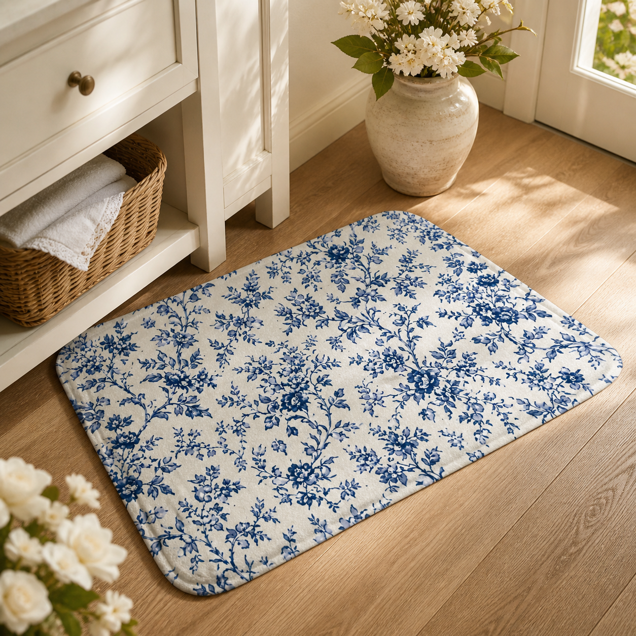 Blue toile floral floor mat styled in a warm entryway.