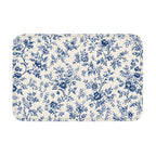 Blue toile floral floor mat with rounded corners on white background.