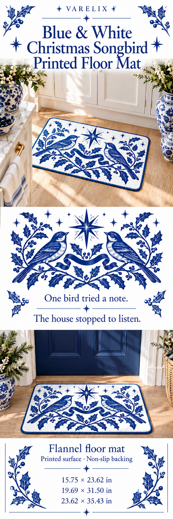 Blue & White Christmas Songbird Printed Floor Mat A+ details showing the printed design, material, available sizes and package contents.