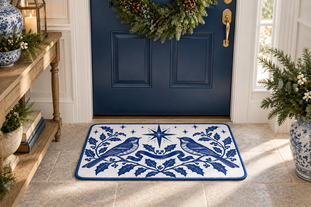 Blue & White Christmas Songbird Printed Floor Mat floor mat, lifestyle view 2: An elegant entryway with navy-painted front door, white paneled walls and light stone flooring.