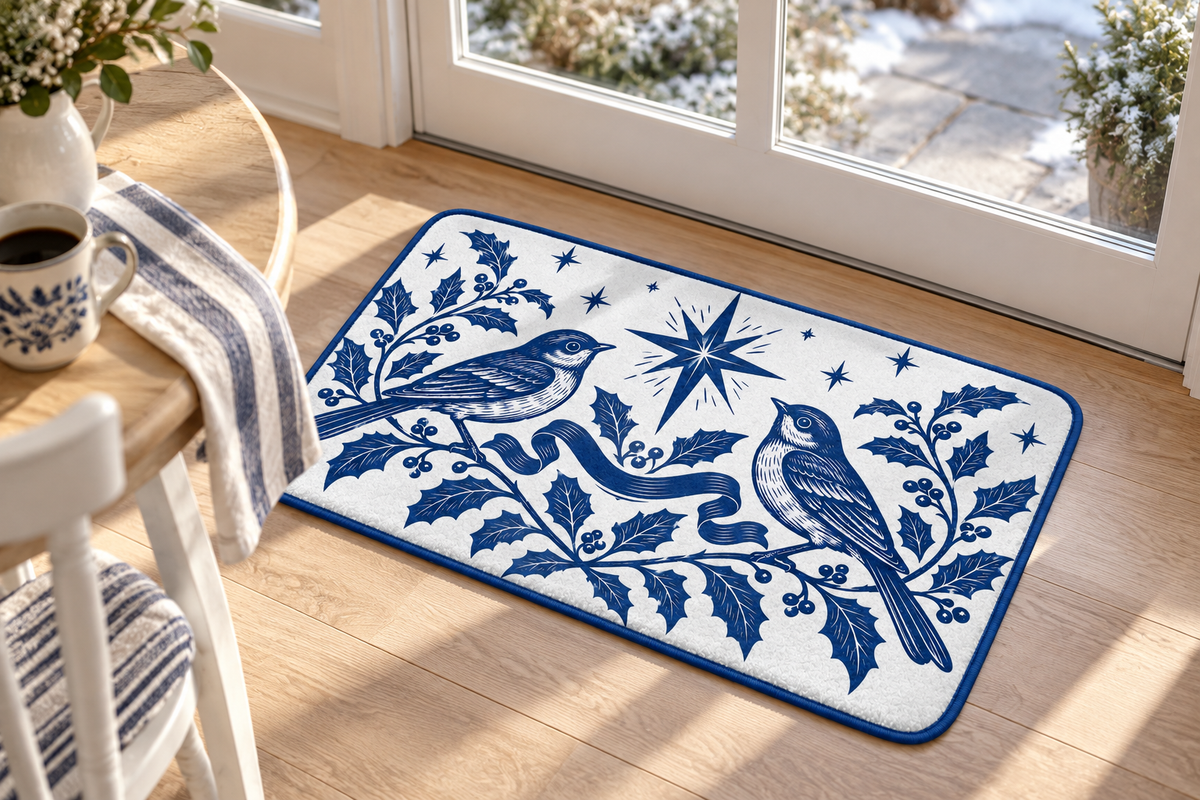 Blue & White Christmas Songbird Printed Floor Mat floor mat, lifestyle view 3: A sunlit breakfast nook with painted white chairs, pale wood table and a navy striped tea towel, exact reference mat placed flat near an indoor glass patio door.