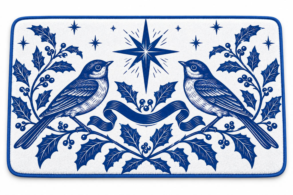 Blue & White Christmas Songbird Printed Floor Mat floor mat shown on a pure white studio background with the complete printed design.
