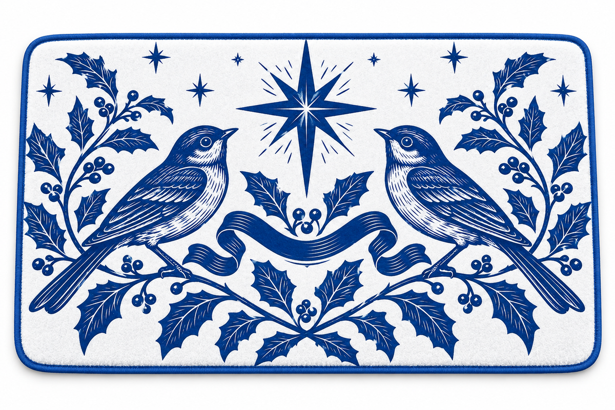 Blue & White Christmas Songbird Printed Floor Mat floor mat shown on a pure white studio background with the complete printed design.