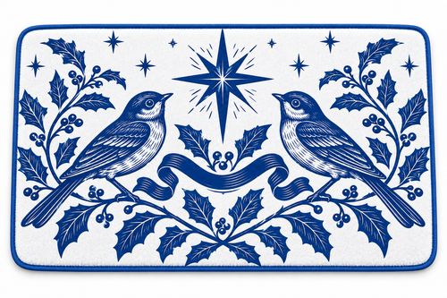 Blue & White Christmas Songbird Printed Floor Mat floor mat shown on a pure white studio background with the complete printed design.