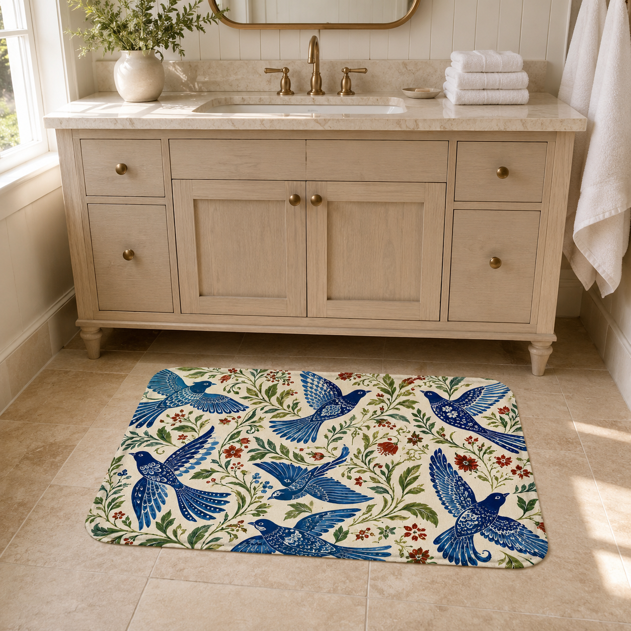 A botanical bluebird floral bath mat positioned on a bathroom floor in front of a wooden vanity.