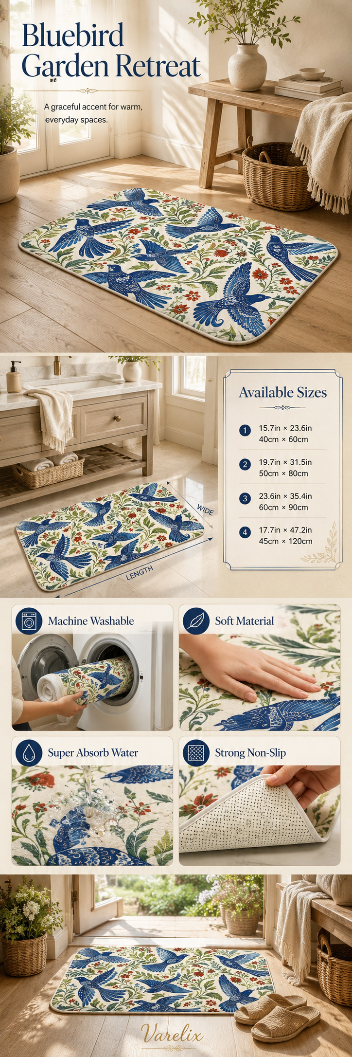 A product information graphic for a bluebird garden doormat detailing sizes, machine washable features, and non-slip texture.