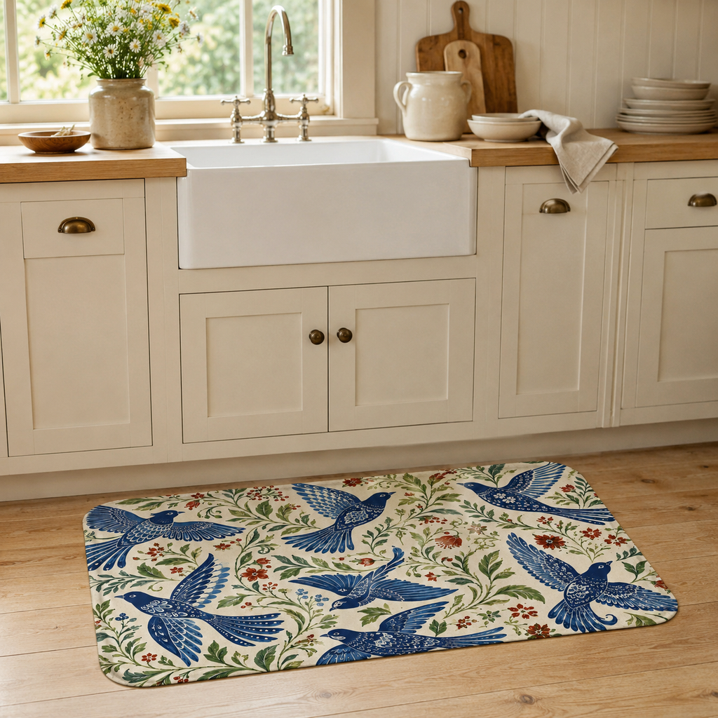 An elegant bluebird floral kitchen doormat on wooden flooring under a white farmhouse style apron sink.
