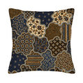 A square bohemian style pillow cover isolated on a pure white background, showcasing a patchwork pattern of traditional batik floral motifs, geometric shapes, and intricate mandalas in navy, gold, and cream.