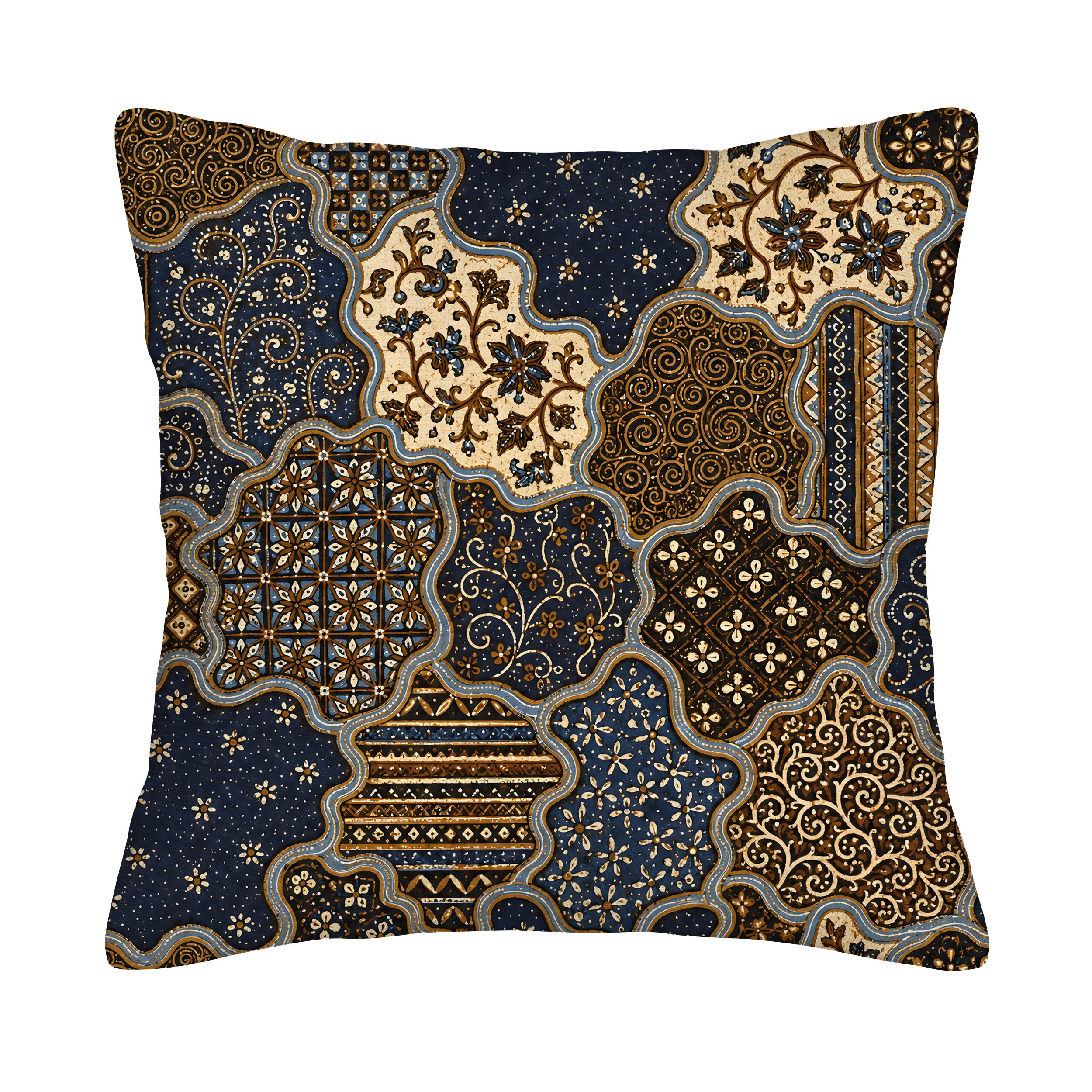 A square bohemian style pillow cover isolated on a pure white background, showcasing a patchwork pattern of traditional batik floral motifs, geometric shapes, and intricate mandalas in navy, gold, and cream.