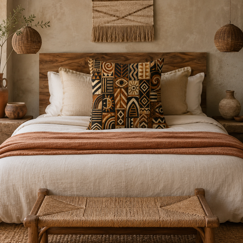 A striking tribal mudcloth-style accent pillow arranged in the center of a cozy bed with rustic wooden headboard, neutral-toned linen sheets, and woven pendant lamps hanging on both sides.