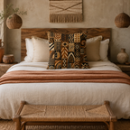 A striking tribal mudcloth-style accent pillow arranged in the center of a cozy bed with rustic wooden headboard, neutral-toned linen sheets, and woven pendant lamps hanging on both sides.