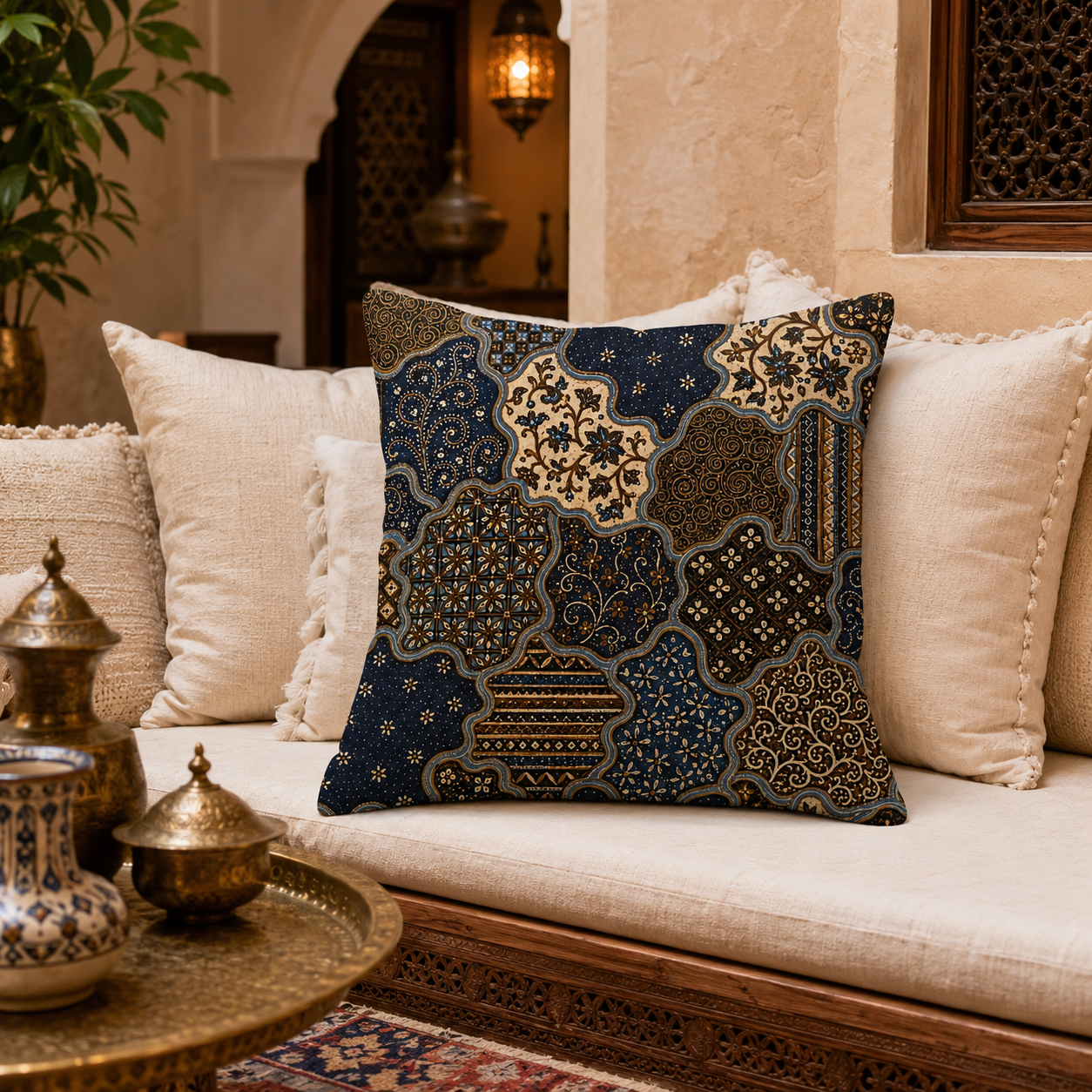 An intricate bohemian batik pattern throw pillow styled on a cream-colored sofa in a warm, textured Moroccan-style living room with antique brass tableware in the foreground.
