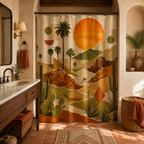 Bohemian desert landscape art shower curtain in a bathroom with terracotta tile flooring and a dark wood vanity.