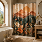 Boho style shower curtain featuring a warm terracotta mountain landscape, pine forest, and blooming wildflowers under a large sun in a bright bathroom.