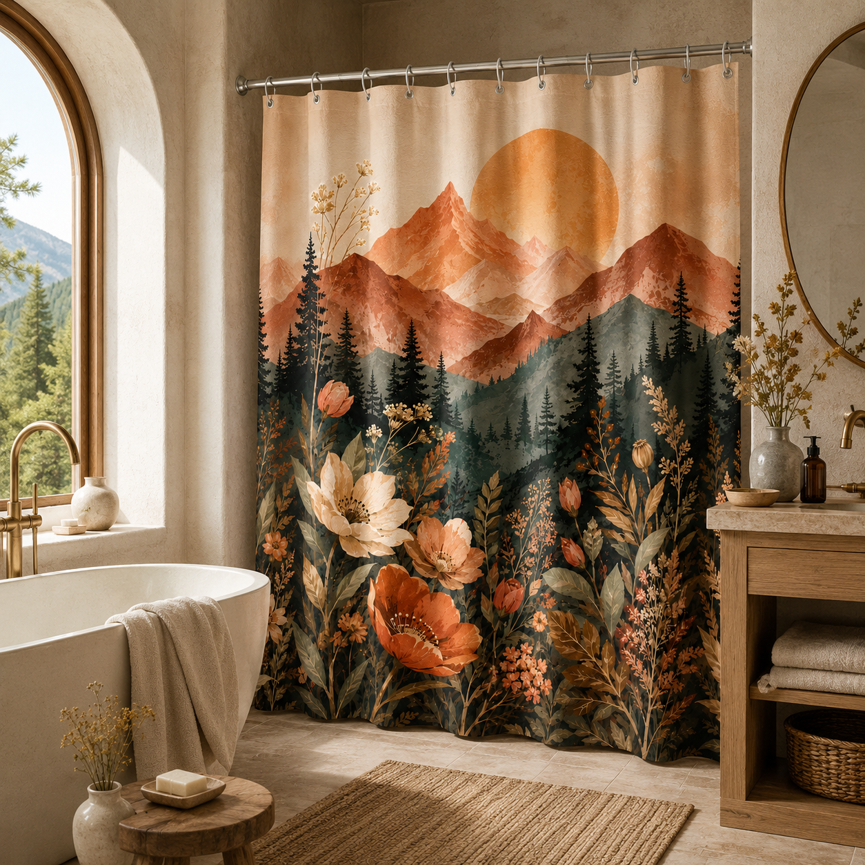 Boho style shower curtain featuring a warm terracotta mountain landscape, pine forest, and blooming wildflowers under a large sun in a bright bathroom.