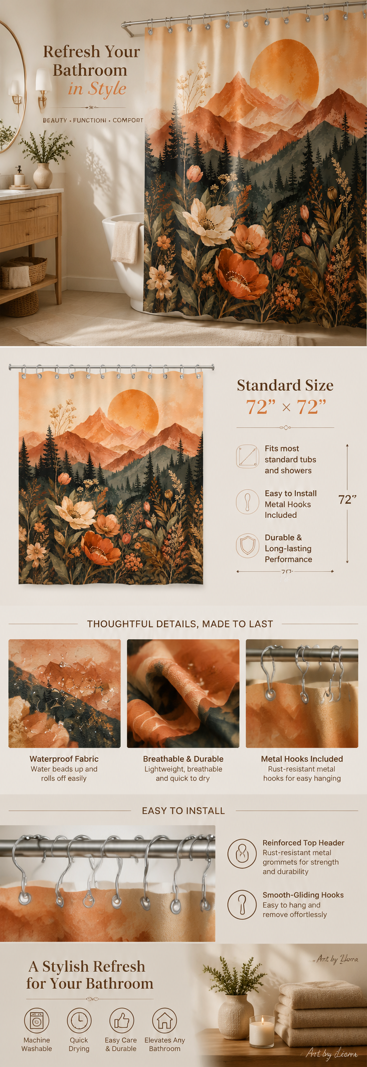 Product infographic for a boho mountain and wildflower themed shower curtain, detailing its waterproof fabric, standard dimensions, and easy installation.