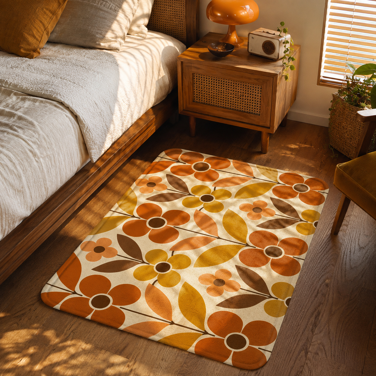 A cozy bohemian retro bedroom bedside rug featuring a 70s orange flower print under warm sunlight next to a wooden nightstand with a vintage radio.