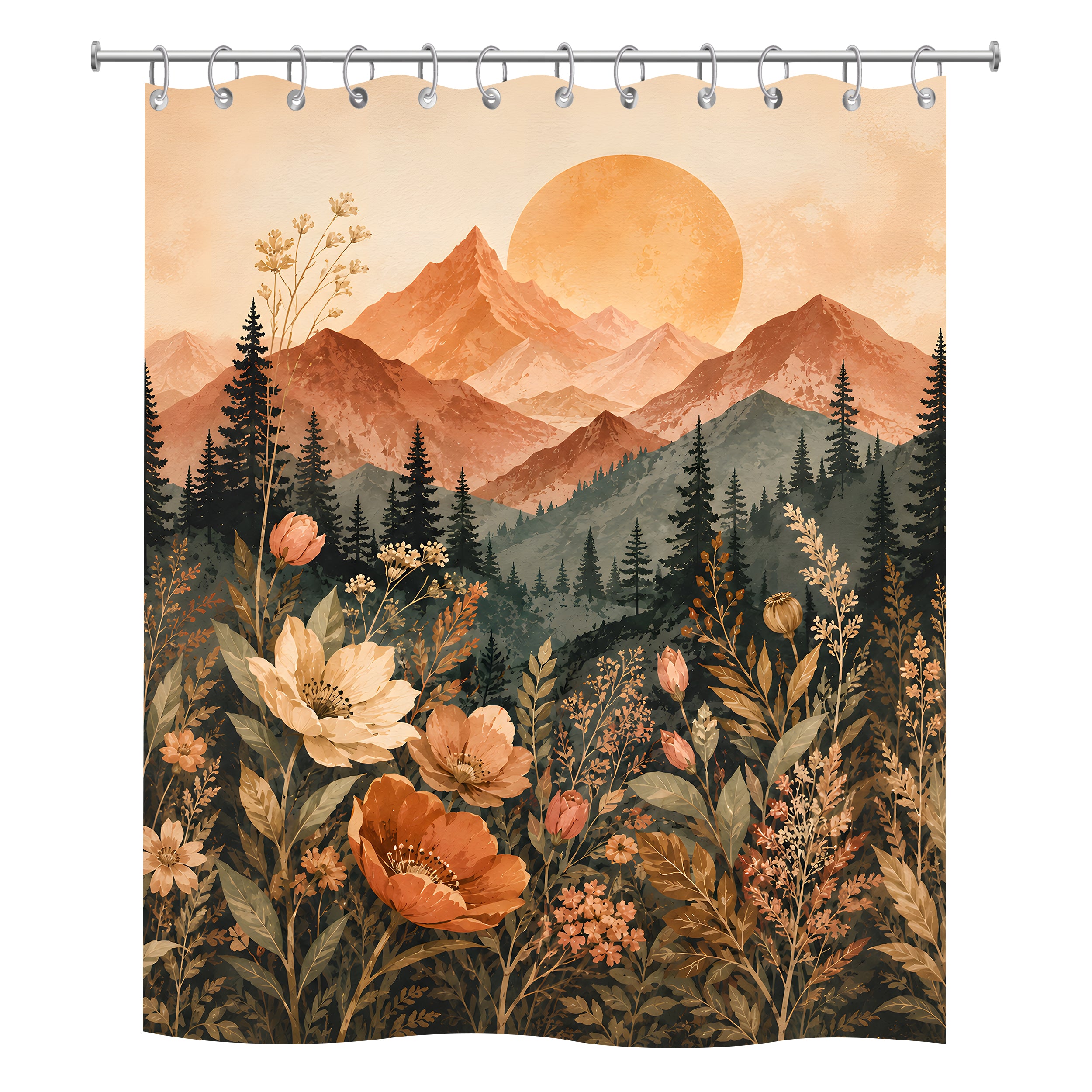 Artistic shower curtain design showcasing a scenic view of layered terracotta mountains, a green pine forest, wild blossoms, and a large warm sun.