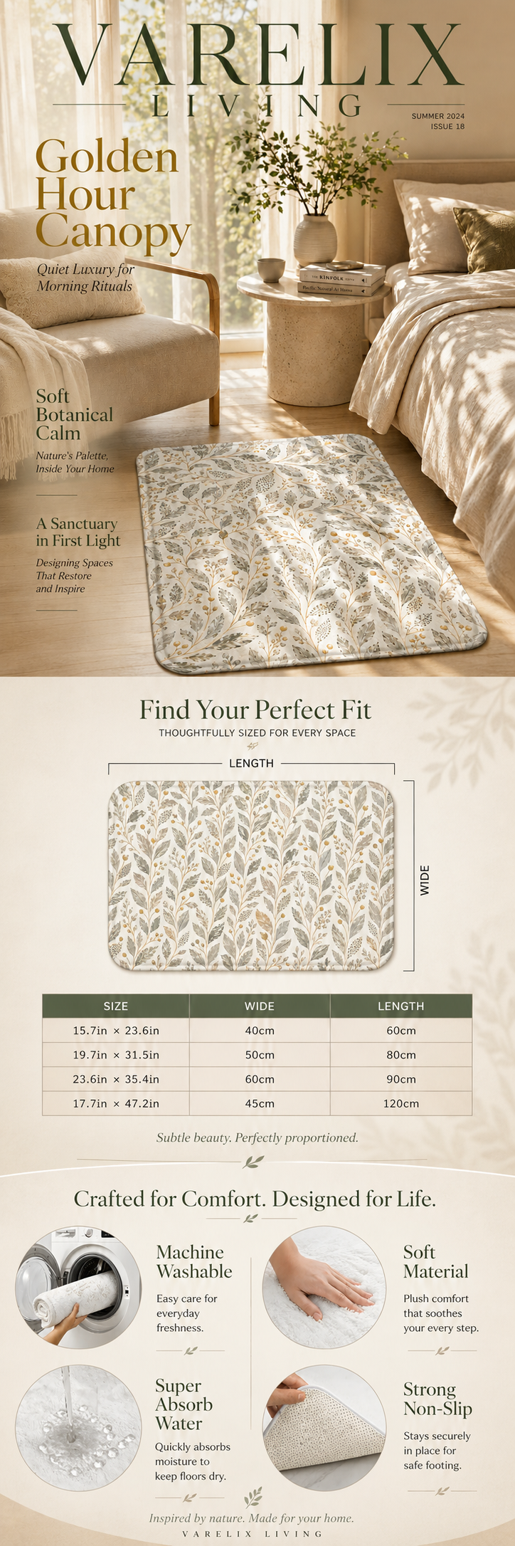 A comprehensive brand infographic for the Varelix Living rug, displaying a dimensions size chart and key features including machine washable, super absorb water, soft material, and strong non-slip backing.
