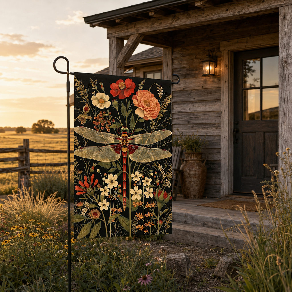 Botanical dragonfly garden flag displayed outside a rustic wooden cabin
