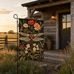 Botanical dragonfly garden flag displayed outside a rustic wooden cabin