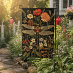 Botanical dragonfly garden flag hanging among flowers along a garden path