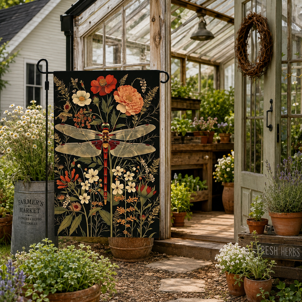 Botanical dragonfly garden flag displayed near a rustic greenhouse entrance