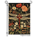 Botanical dragonfly garden flag with floral artwork on a black background